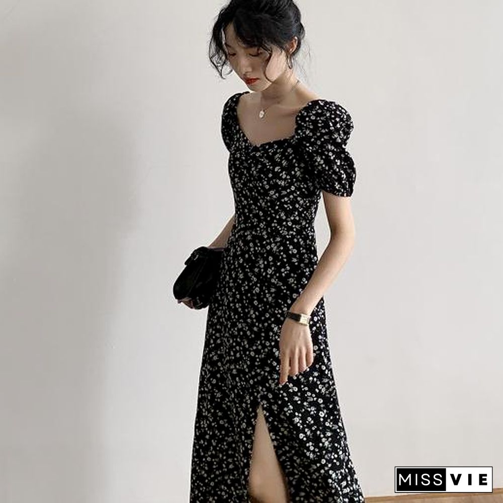 Midi Dress Women French Black Print Sexy Puff Sleeves Empire Side Slit Clubwear Temperament Summer Elegant Fashion Vestido Retro