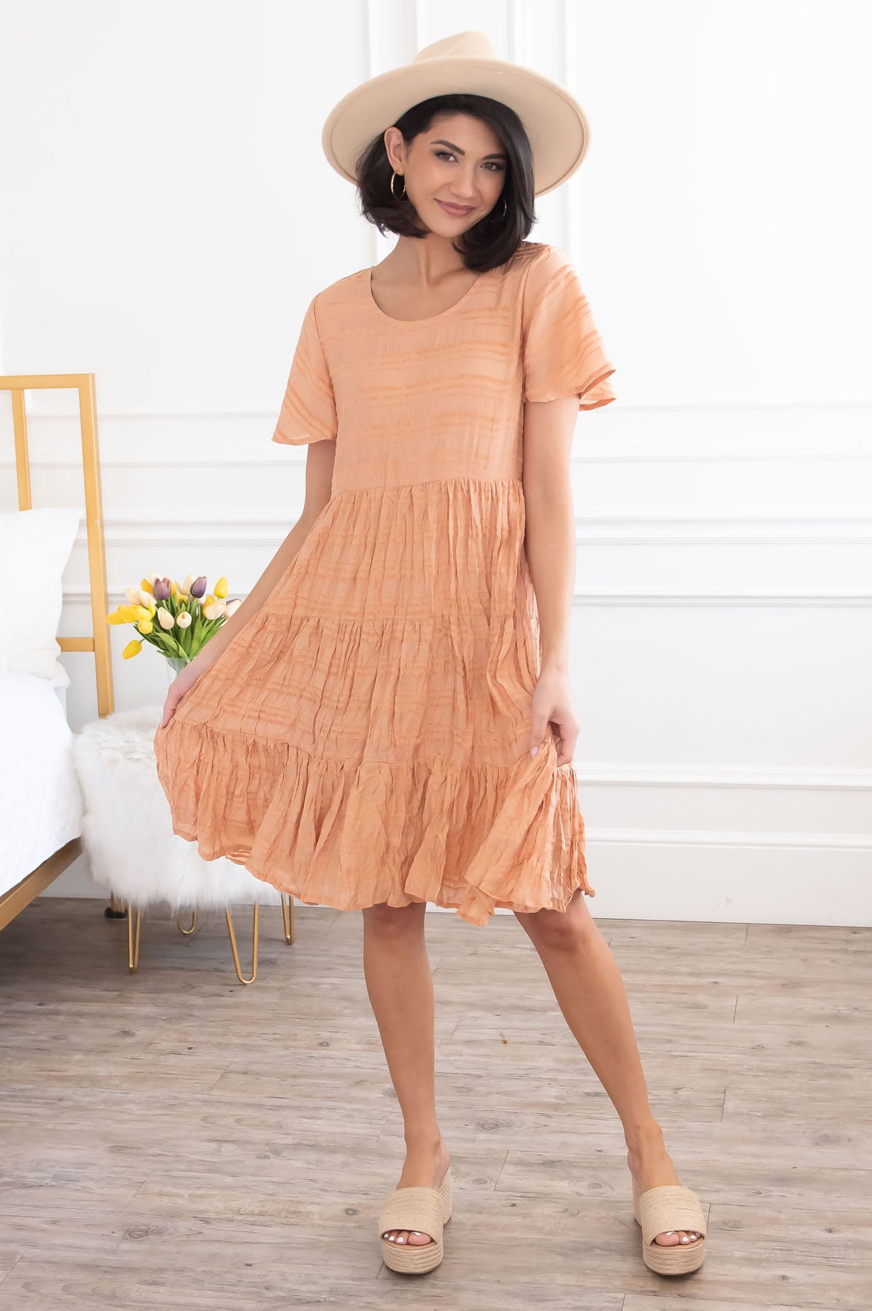 Short Sleeve Midi Dress-Apricot