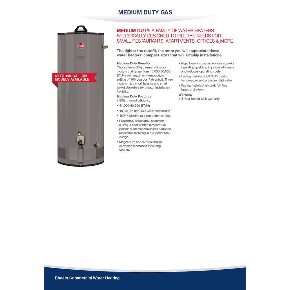 Rheem Medium Duty 50 Gal. 60K BTU Low NOx (LN) Commercial Natural Gas Tank Water Heater G50-60N