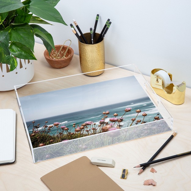 Henrike Schenk Travel Photography Pink Flowers By The Ocean Acrylic Tray Deny Designs