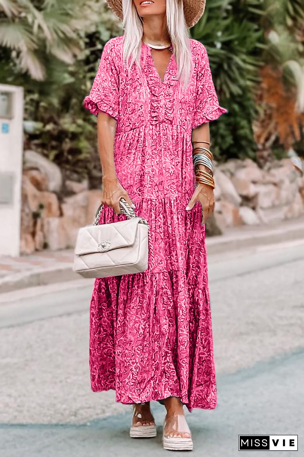 Pink Paisley Print Boho Holiday Ruffle Tiered Maxi Dress