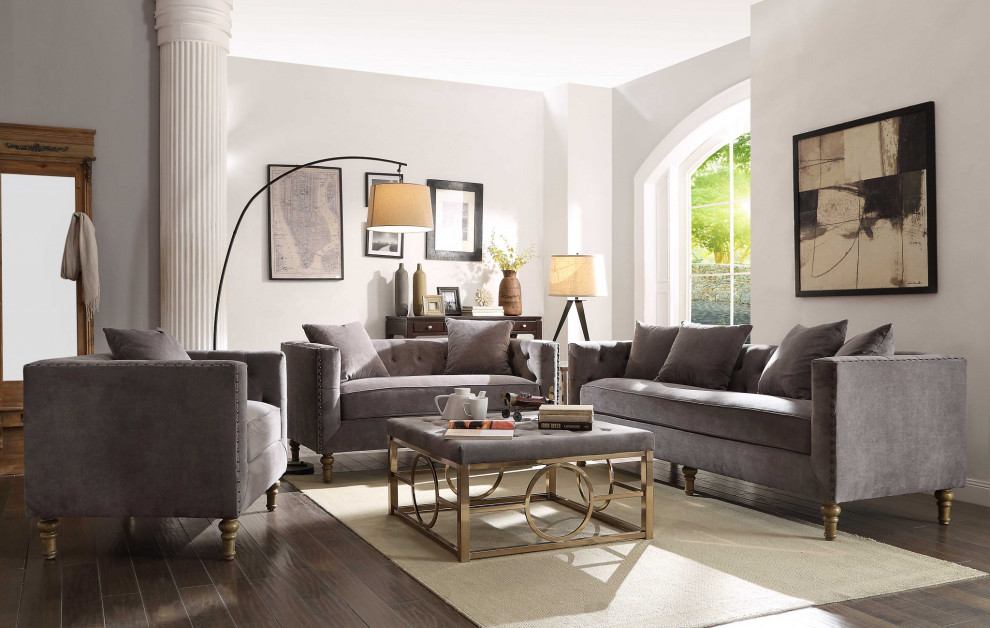 34 quotX 84 quotX 31 quotGray Velvet Upholstery Sofa w4 Pillows   Traditional   Sofas   by HomeRoots  Houzz