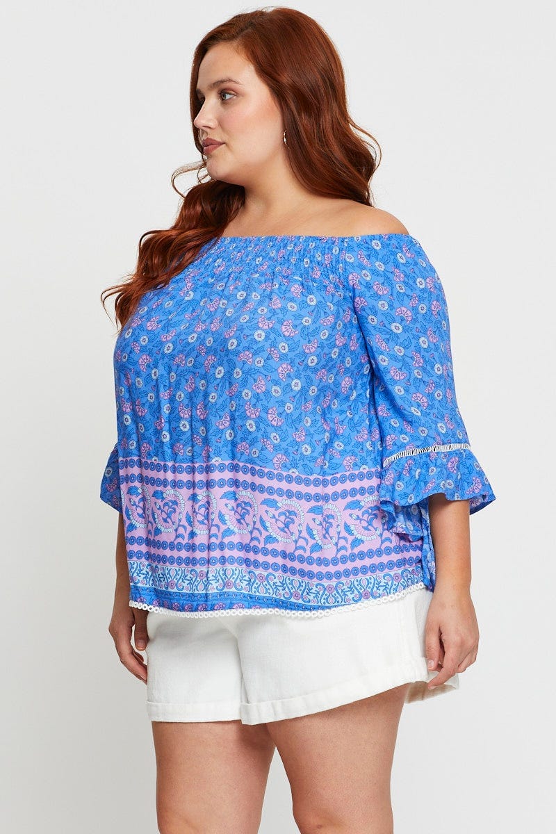 Boho Print Shell Top Half Sleeve Ruffle