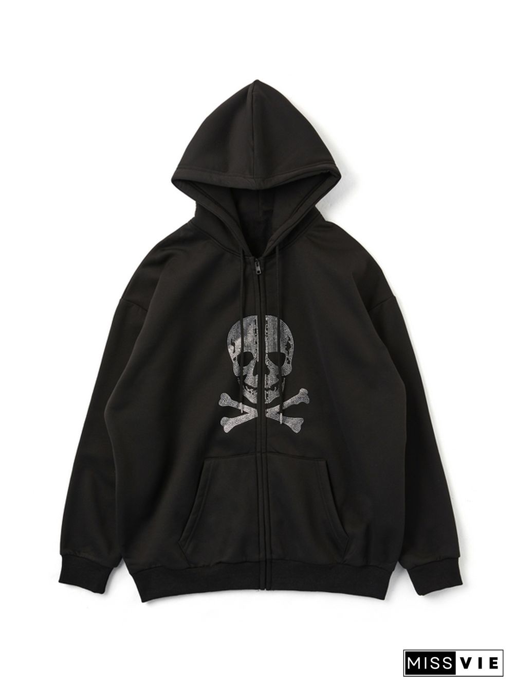 Skull Rhinestone Zip Up Oversized Hoodie