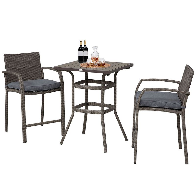 Outsunny 3 PCS Rattan Wicker Bar Set with Wood Grain Top Table and 2 Bar Stools for Outdoor Patio Poolside Garden Brown