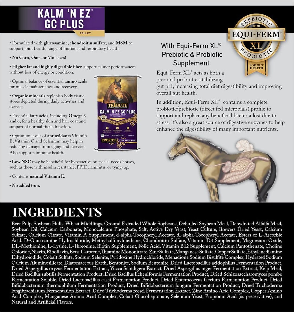 Tribute Equine Nutrition Kalm 'N EZ GC Plus Low-NSC， Joint Support Horse Feed