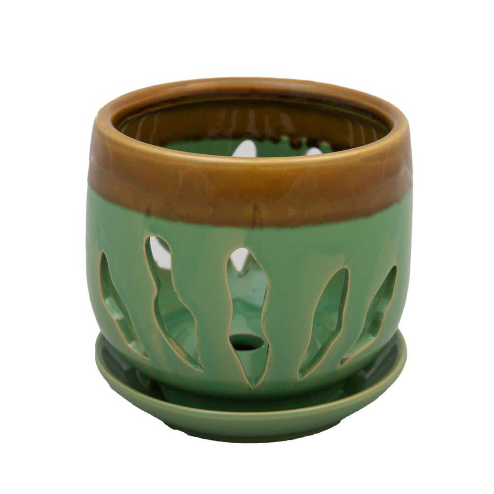 Better-Gro 5 in. Green Ceramic Lilly Design Orchid Pot Twin Pack 54026