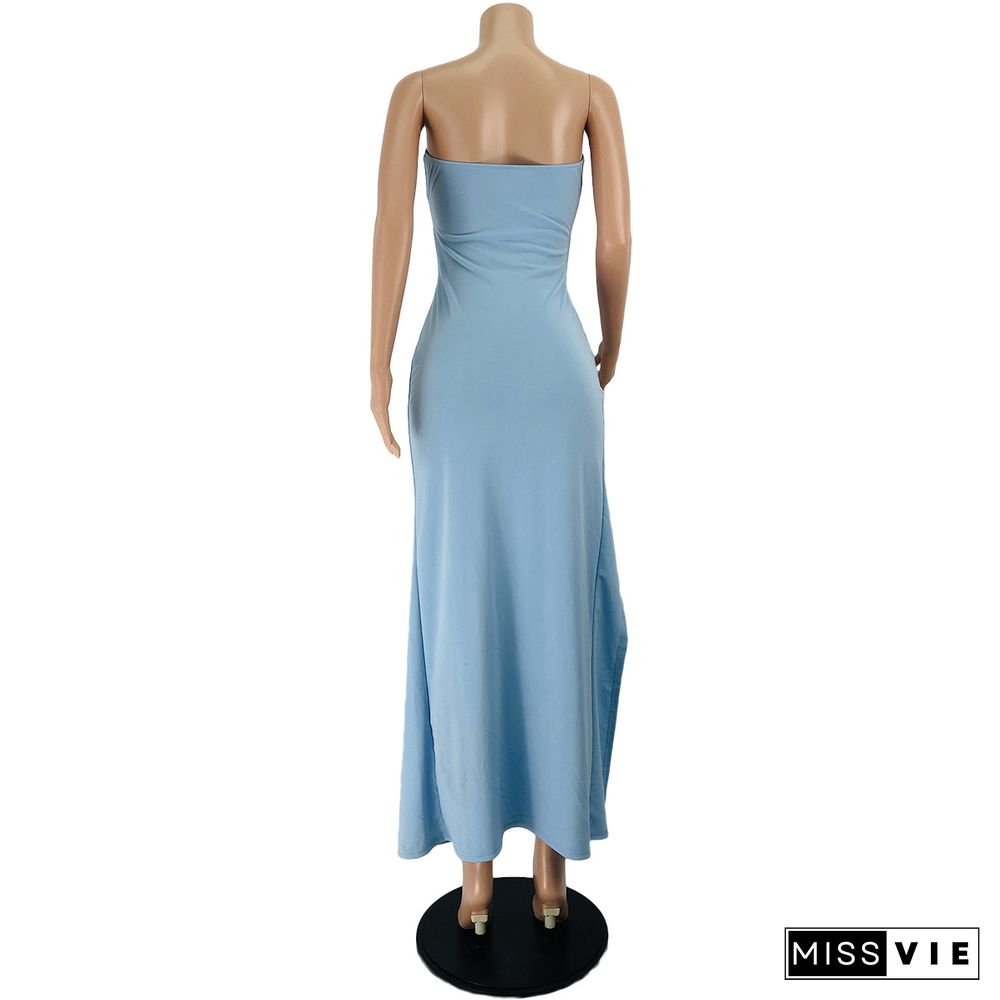 Strapless Cut Out Drawstring High Split Maxi Dresses