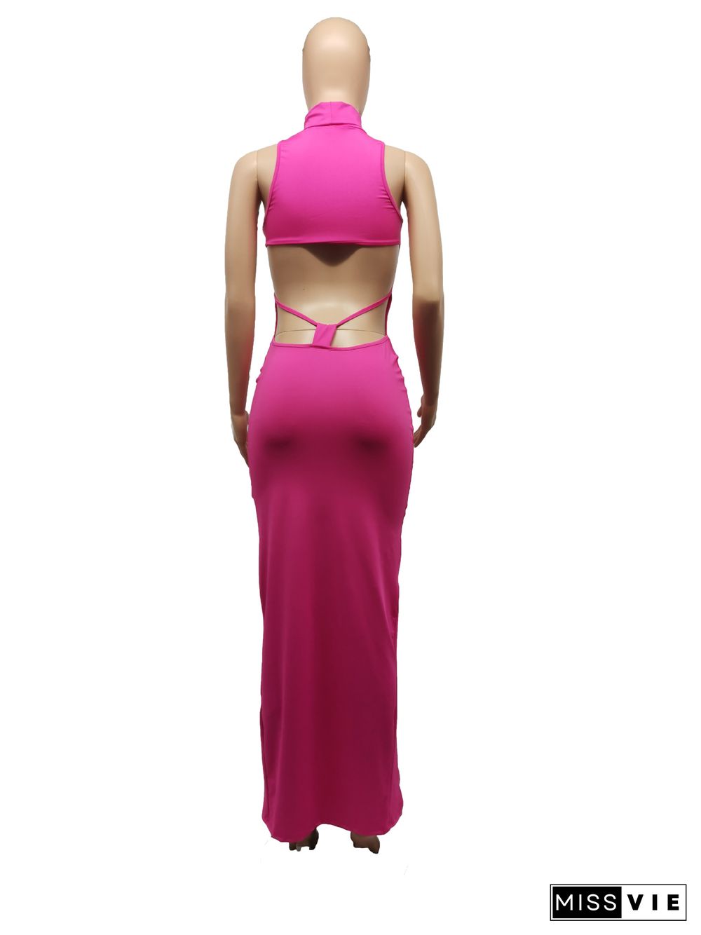 Solid Color Turtleneck Sleeveless Sexy Hollow Out Backless High Waist Skinny Split Party Long Dress