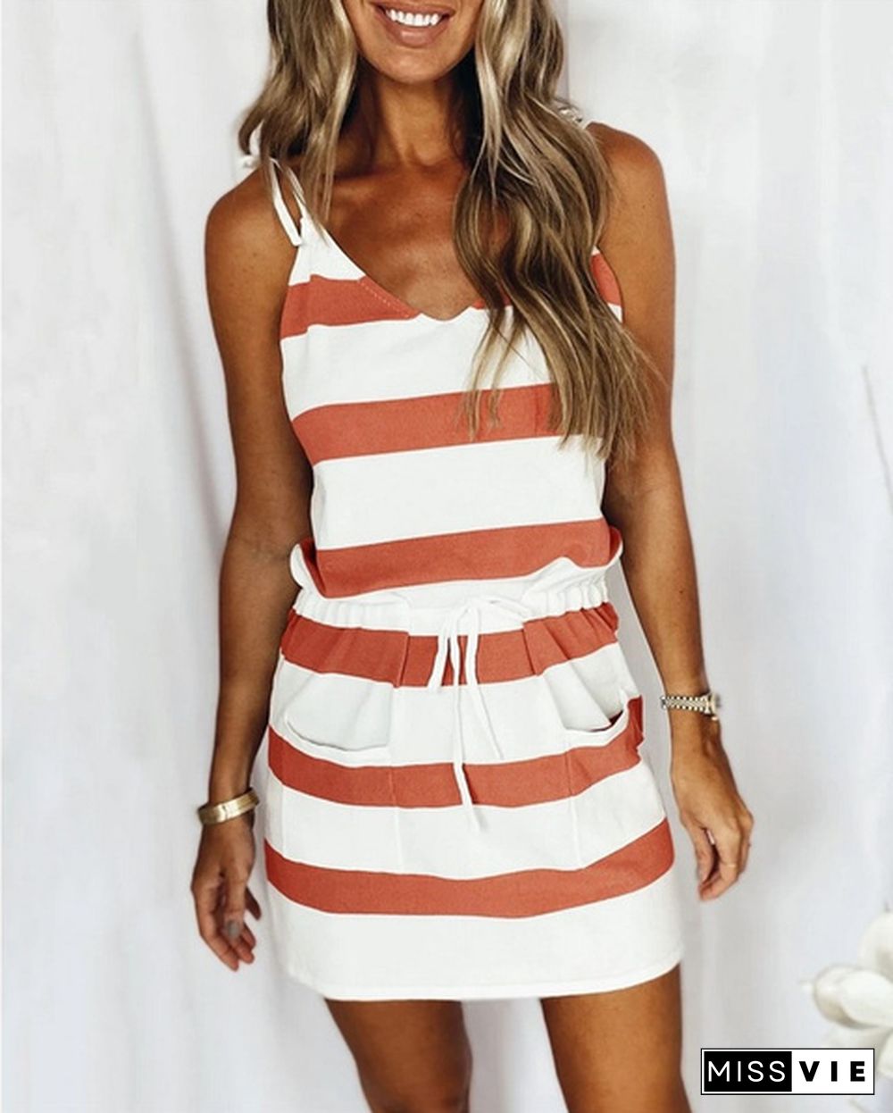 XS-8XL Spring Summer Dresses Plus Size Clothes Women's Causal Sleeveless Dresses Loose Striped Printed Dress String Lace Up Mini Dress Ladies Bodycon Beach Dress Slim Fit Pockets Hip Pacackage Dress Club Wear Off Shoulder Short Party Dress