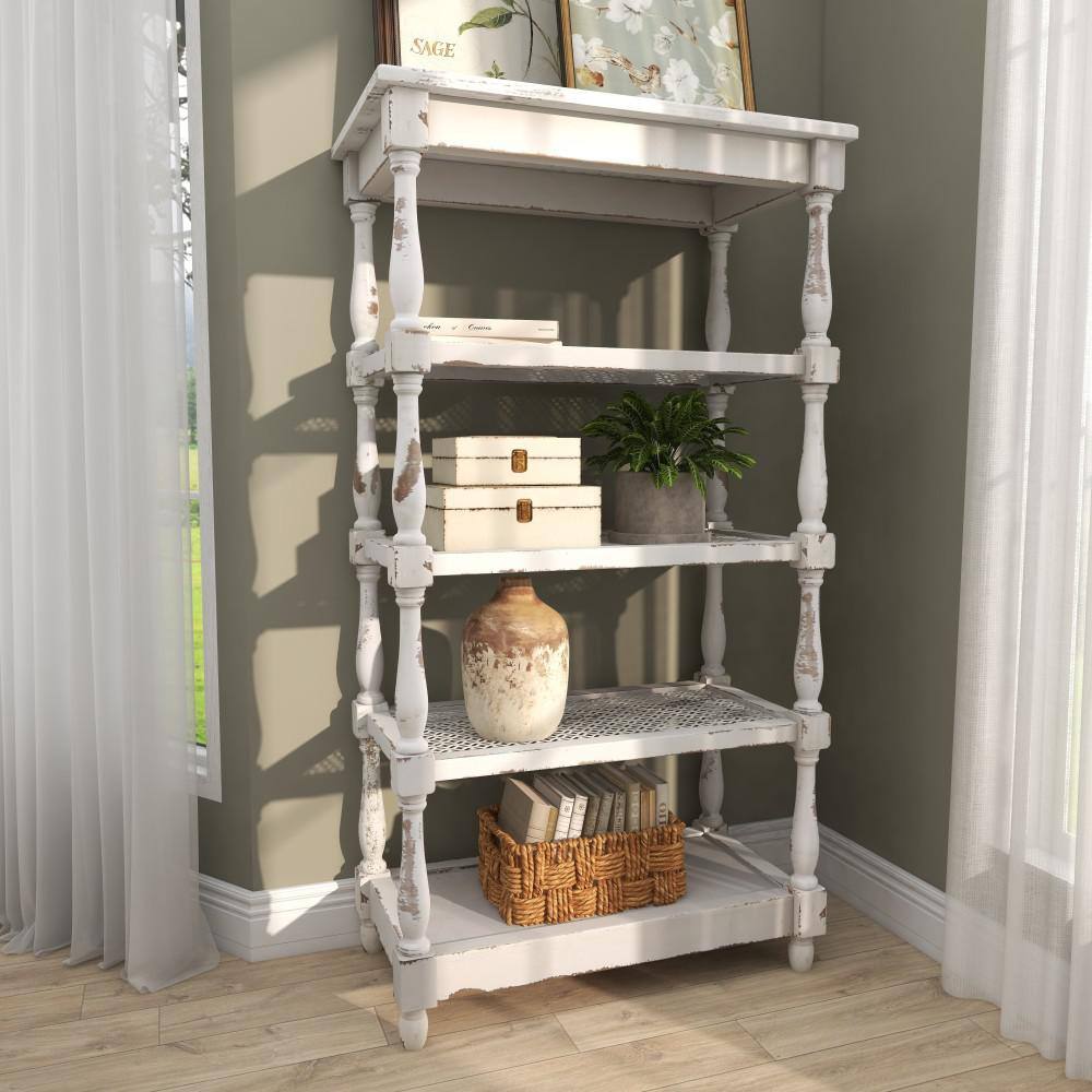 Litton Lane 5 Shelf Wood Stationary White Distressed Open Shelving Unit with Spindle Sides and Mesh 44419