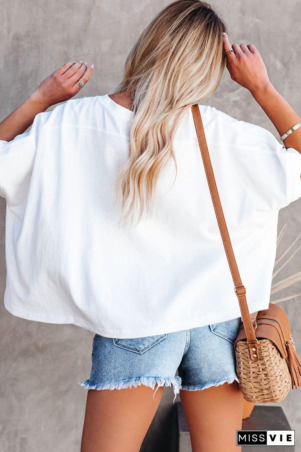 White Solid Color Loose High Low Tee