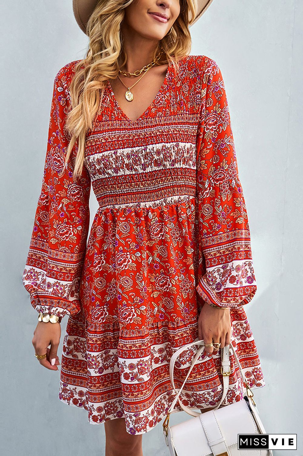 V Neck Smocked Boho Floral Long Sleeves Dress