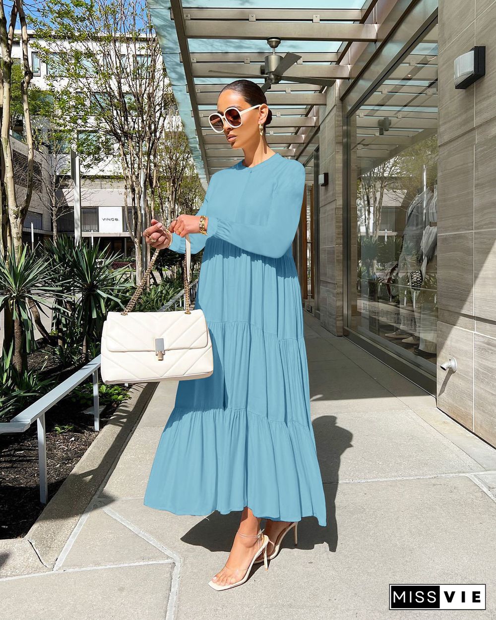 Solid Long Sleeve Loose Fitting Pleated Maxi Dresses