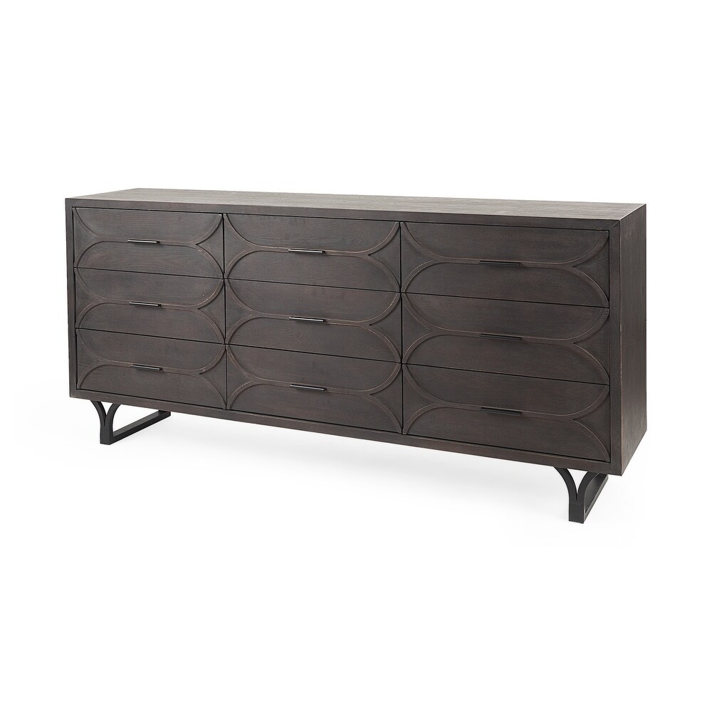 Giselle II Brown Fir Veneer w/ Black Metal Leg 9 Drawer Sideboard   70.1L x 15.9W x 31.9H