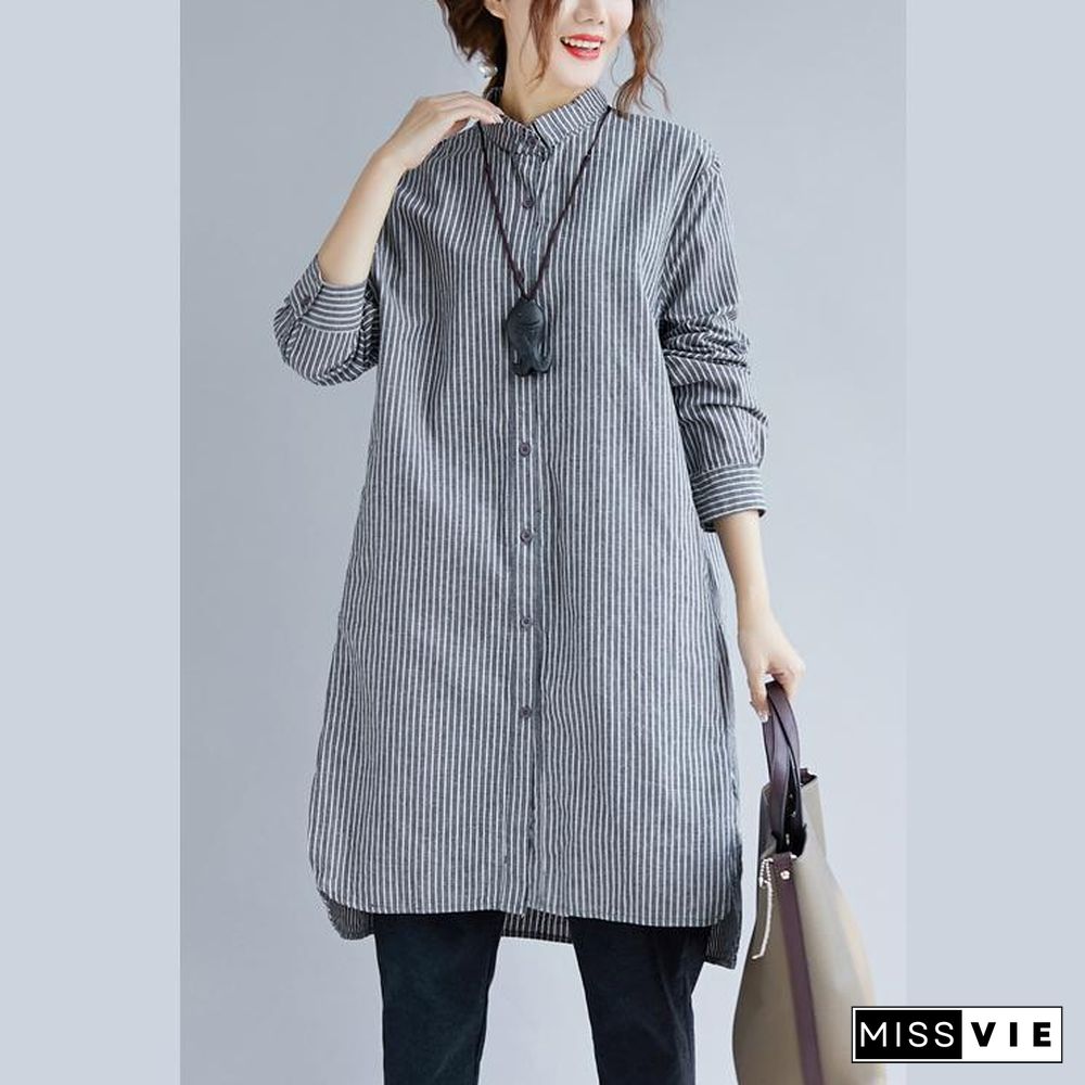 stylish gray striped cotton linen shirt dress trendy plus size shirt dress boutique long sleeve pockets Turn-down Collar patchwork natural cotton linen shirt dress