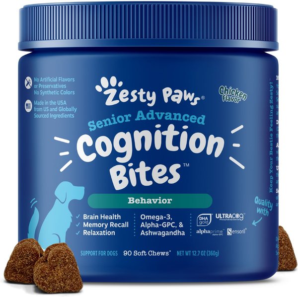 Zesty Paws Advanced Cognition Bites Chicken Flavored Soft Chews Brain and Nervous System Supplement for Senior Dogs