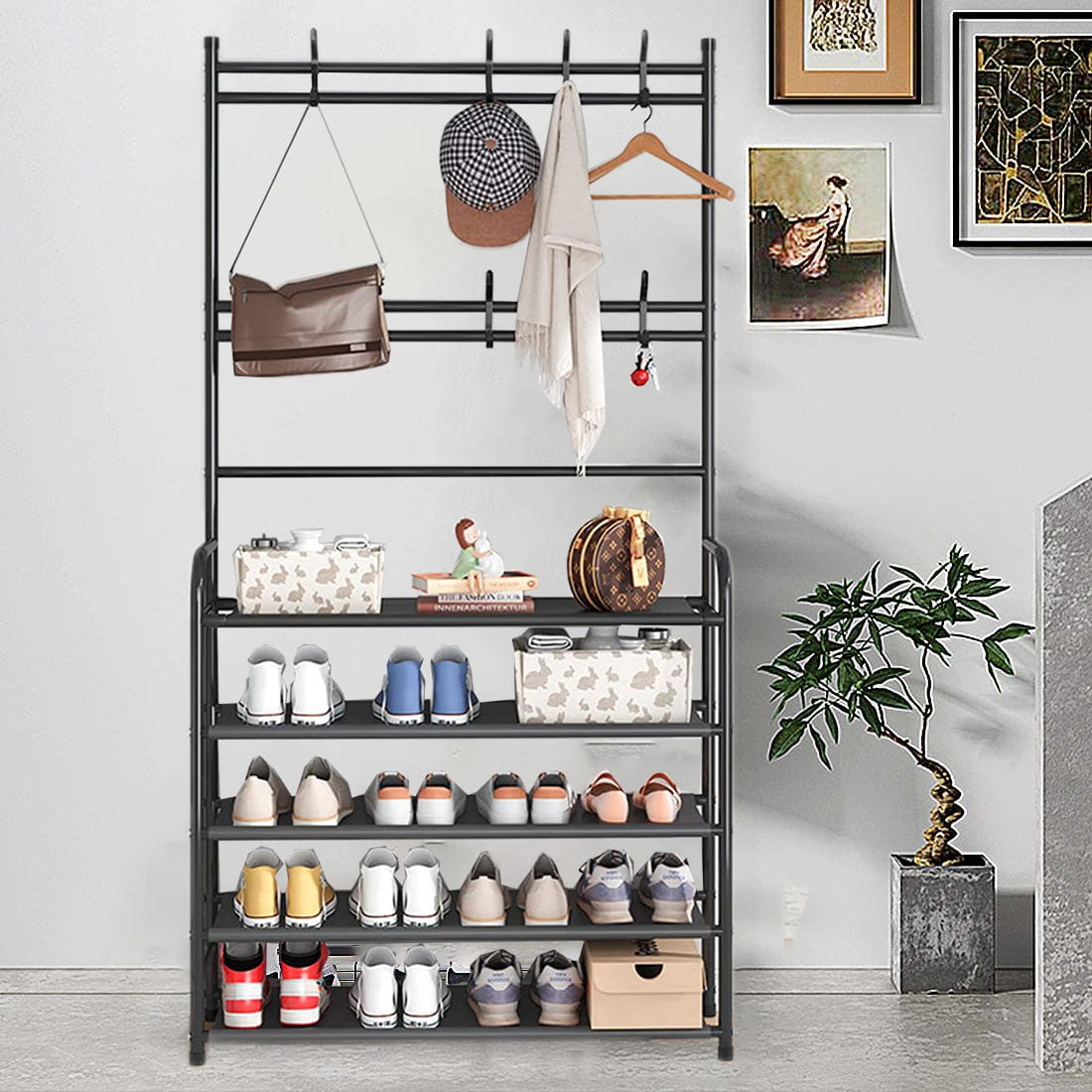 3 in 1 Entryway Coat Rack with Bench， Hall Tree Shoe Rack with 5 Shelves Storage for Organizer， 8 Hanger Hooks， Black