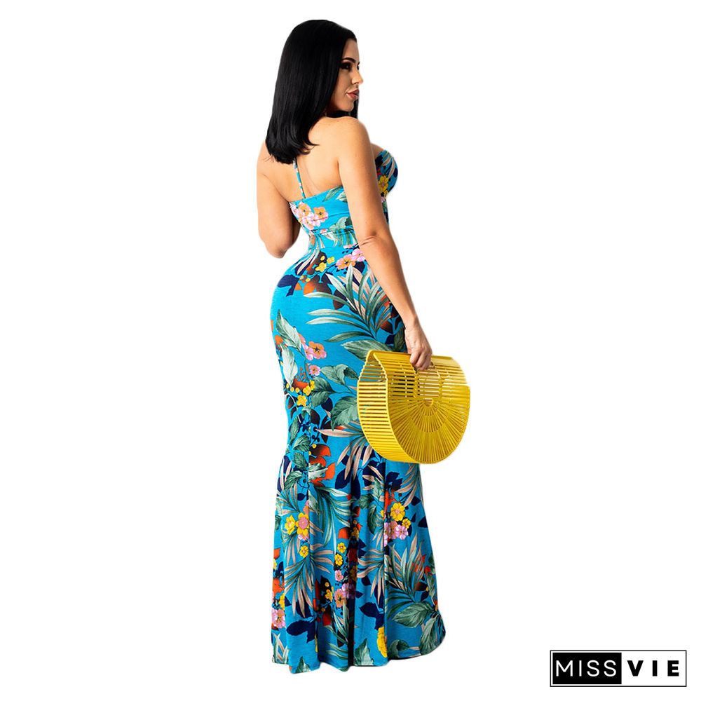 Elegant Summer Clothing Floral Print Sleeveless Halter Backless Bodycon Beach Party Maxi Dresses