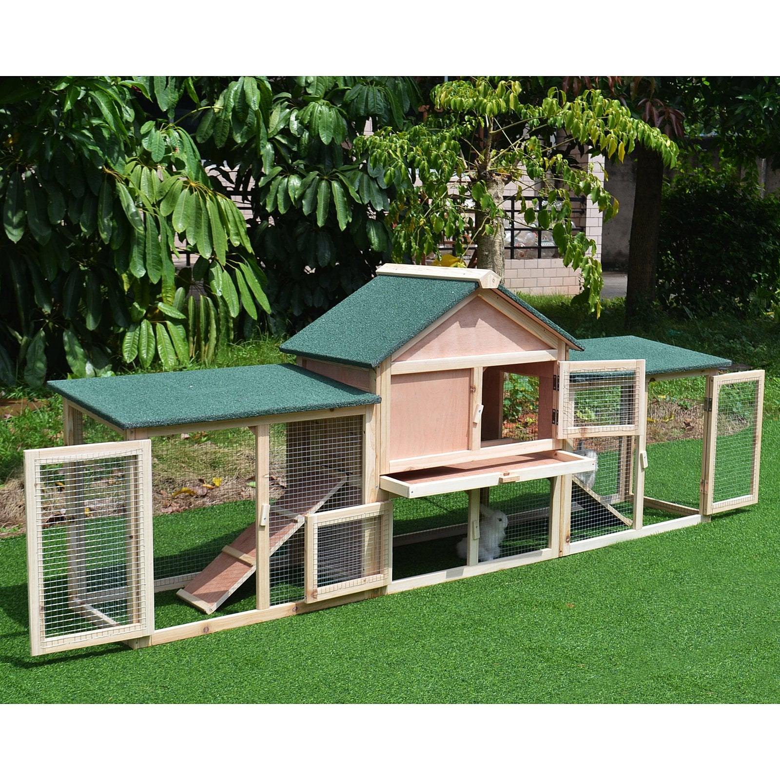 Deluxe Wooden Bunny Hutch w/ Ladder and Outdoor Run