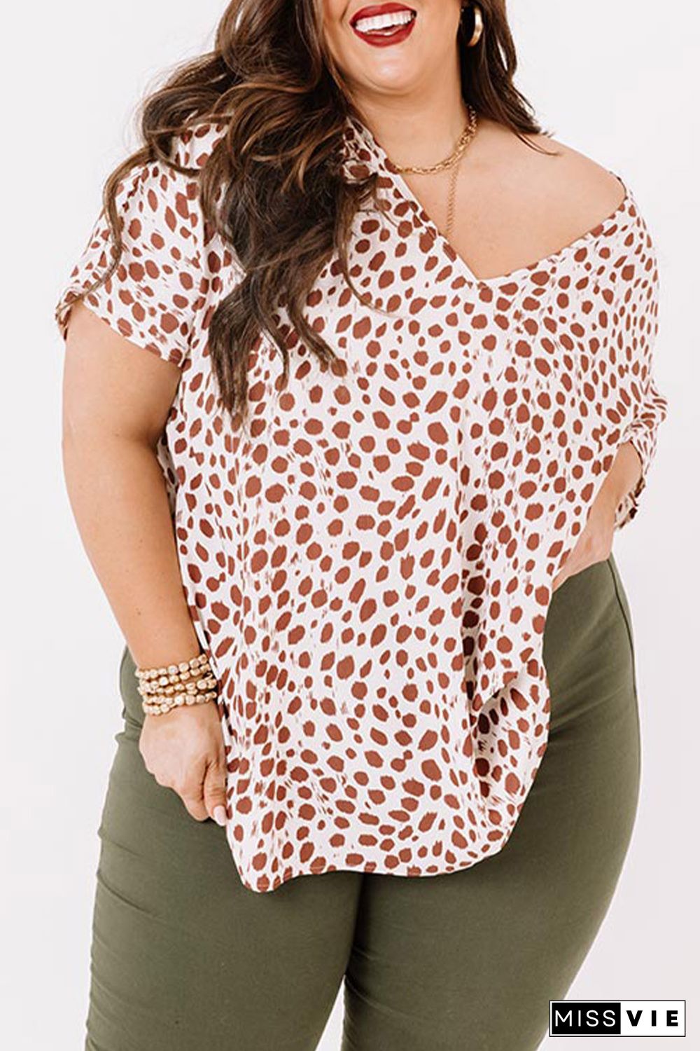 Plus Size Leopard V Neck Short Sleeve Shift Top