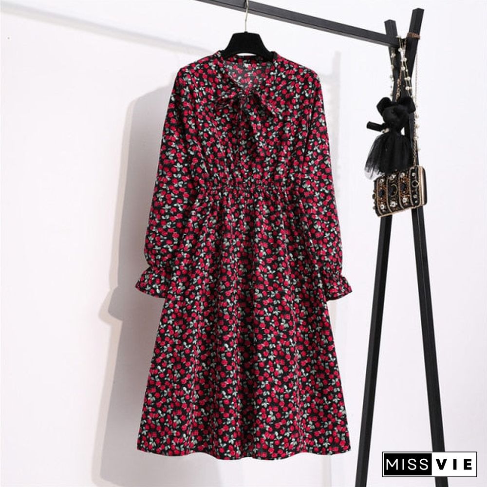 NIJIUDING Women's Chiffon Dress Female Vintage Floral Printed Long Sleeve Bow Midi Dresses Spring Autumn Flare Sleeve Vestidos