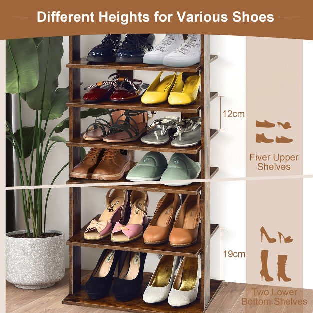 Costway Patented 7 tier Double Shoe Rack Free Standing Shelf Storage Tower Rustic Brown