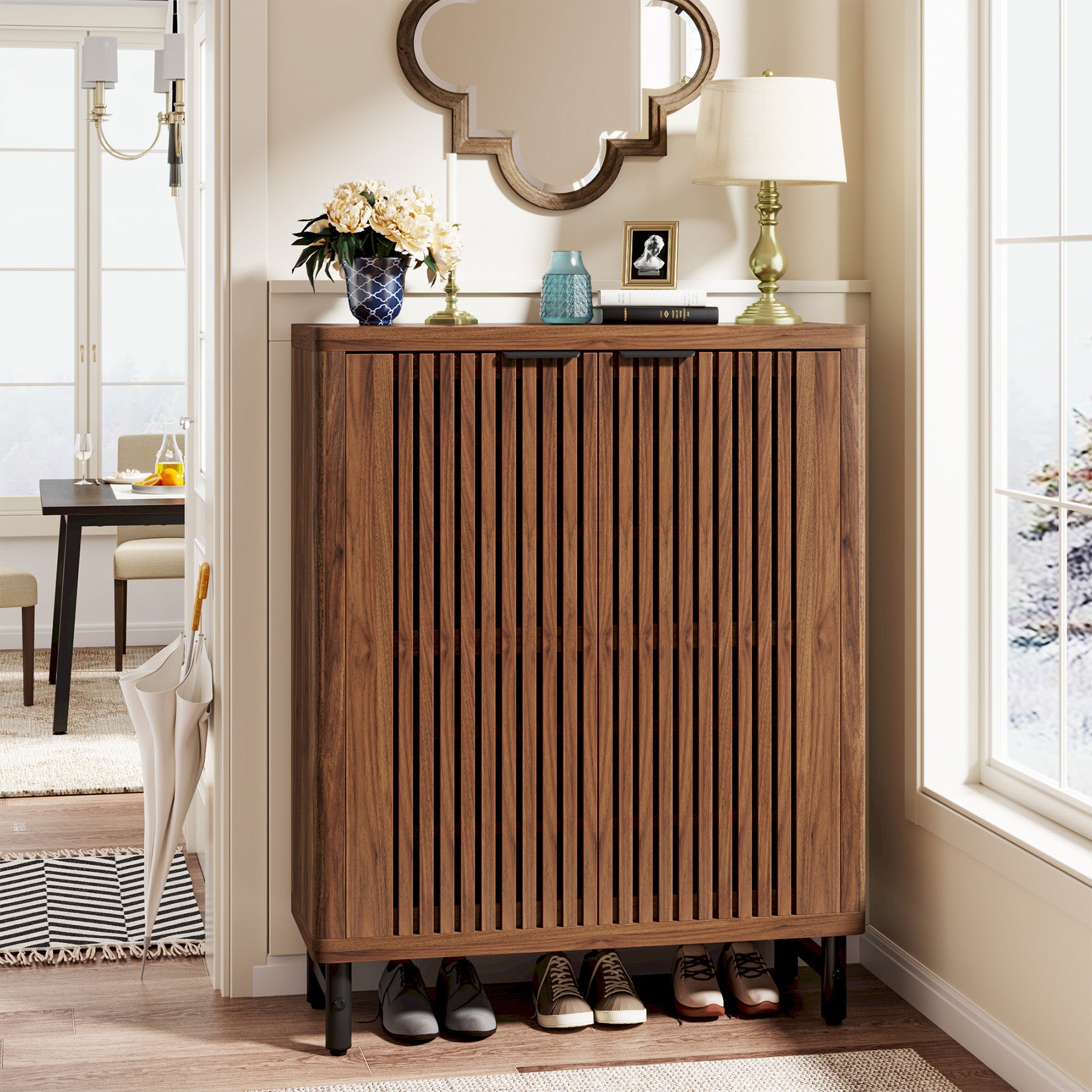 6-Tier Wooden Shoe Cabinet with Louvered Doors & Adjustable Shelves