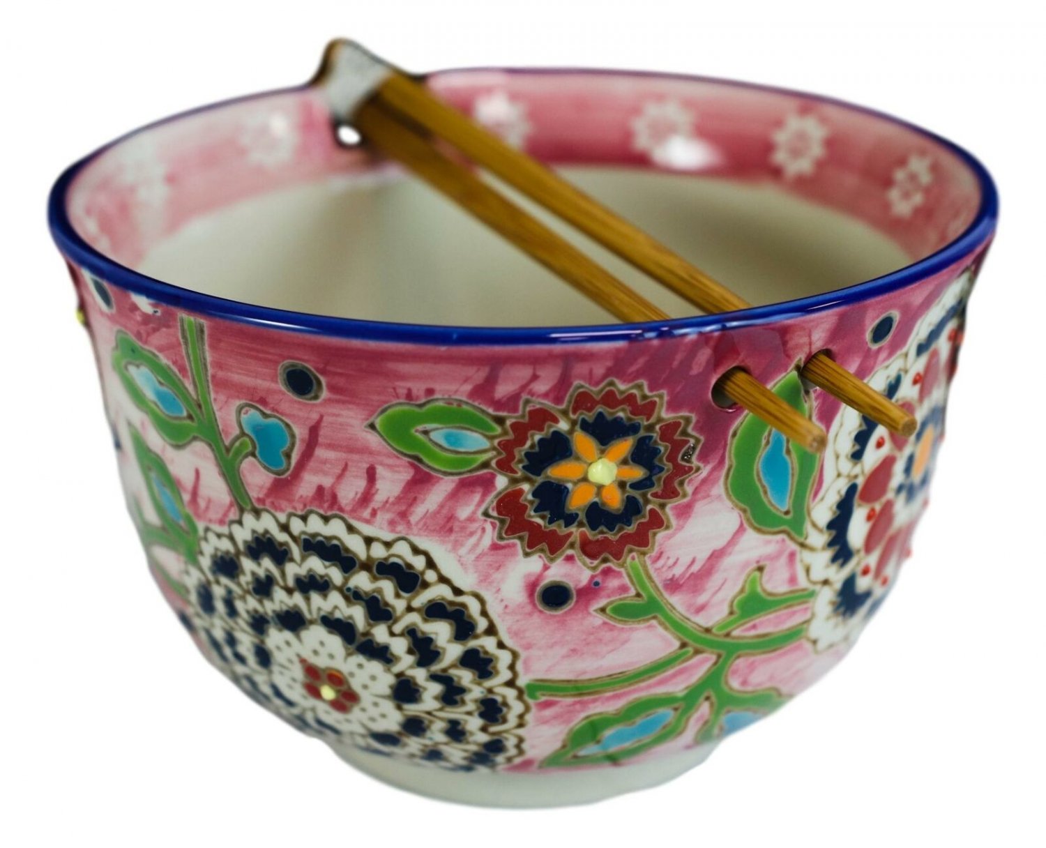 1 Floral Pink Polkadot Art Splash Ramen Noodles Soup Large 6D Bowl W/ Chopsticks EBR02