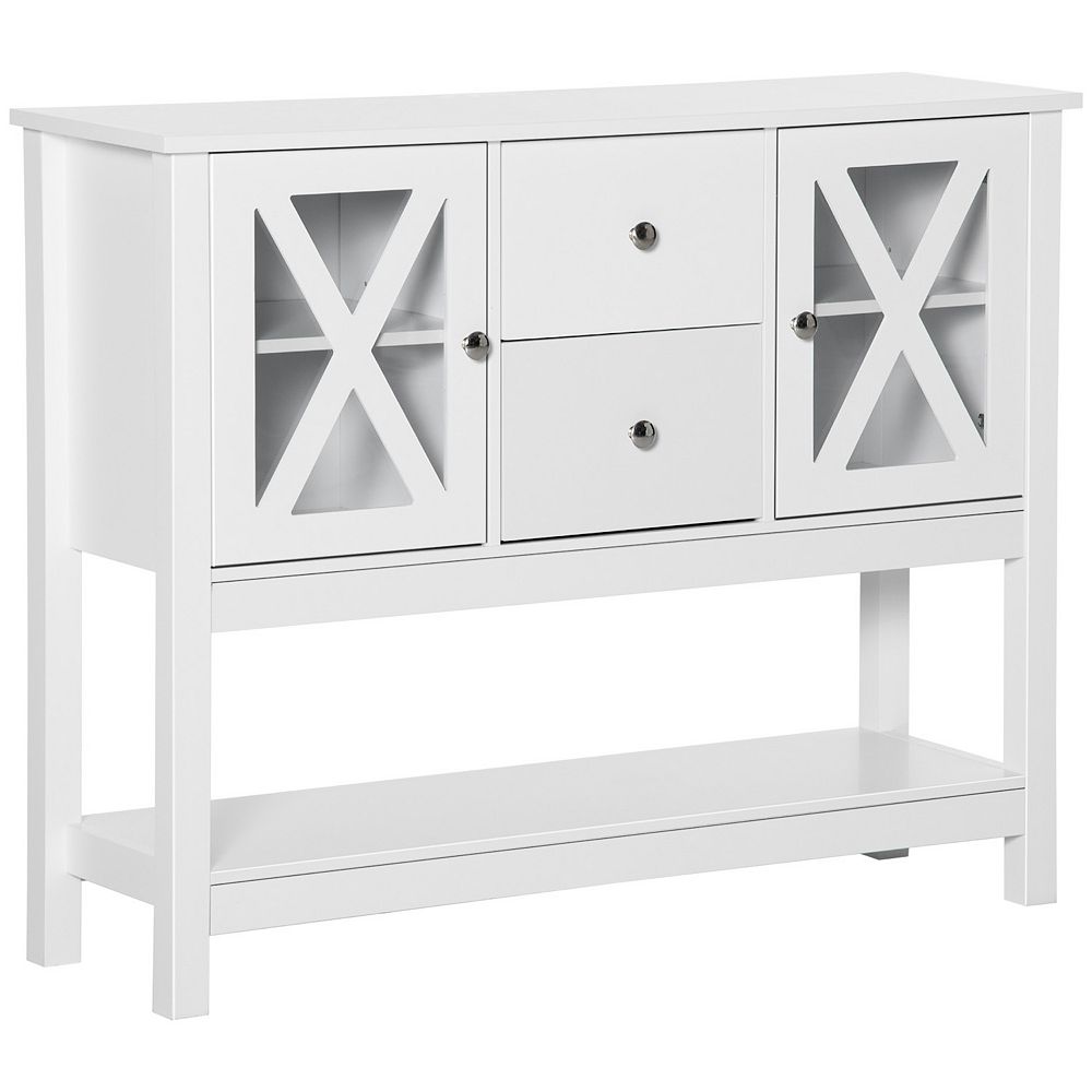 HOMCOM Modern Sideboard， Glass Door Buffet Cabinet with Storage Drawers， and Adjustable Shelves， Console Table for Living Room， Kitchen， Entryway， White