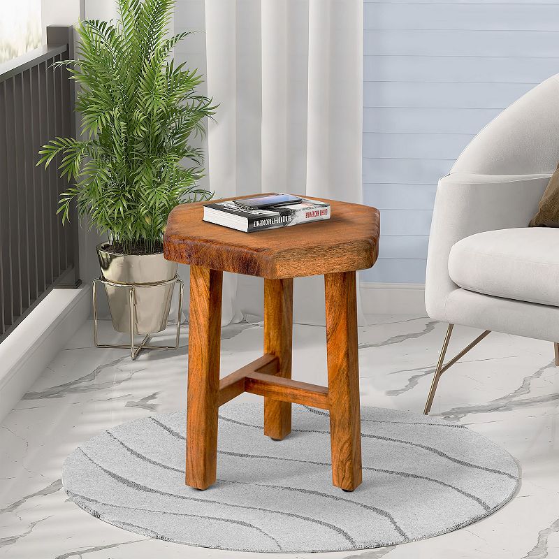 18 Inch Hexagon Acacia Wood Side Table with Live Edge Top， Warm Brown