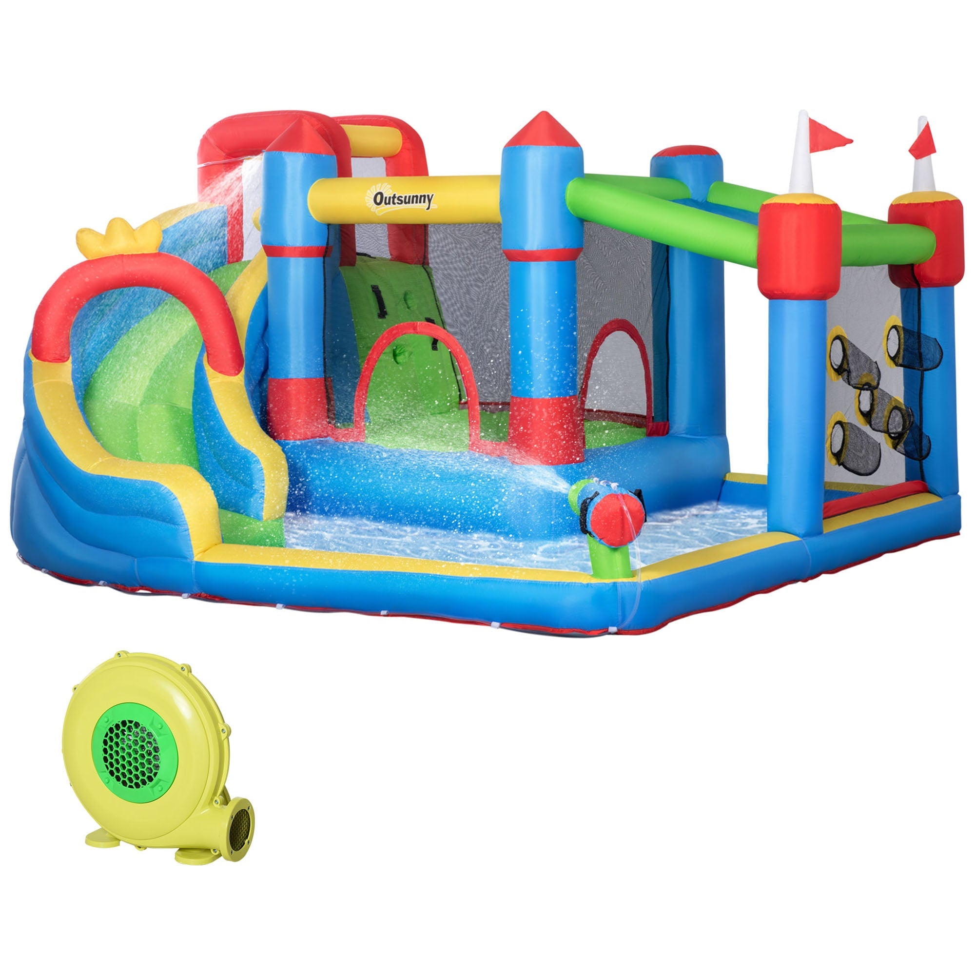 Outsunny 6-in-1 Inflatable Water Slide, Kids Water Park Castle Bounce House Includes Slide, Trampoline, Pool, Cannon, Climbing Wall, Throwing Wall with Carry Bag, Repair Patches, 450W Air Blower