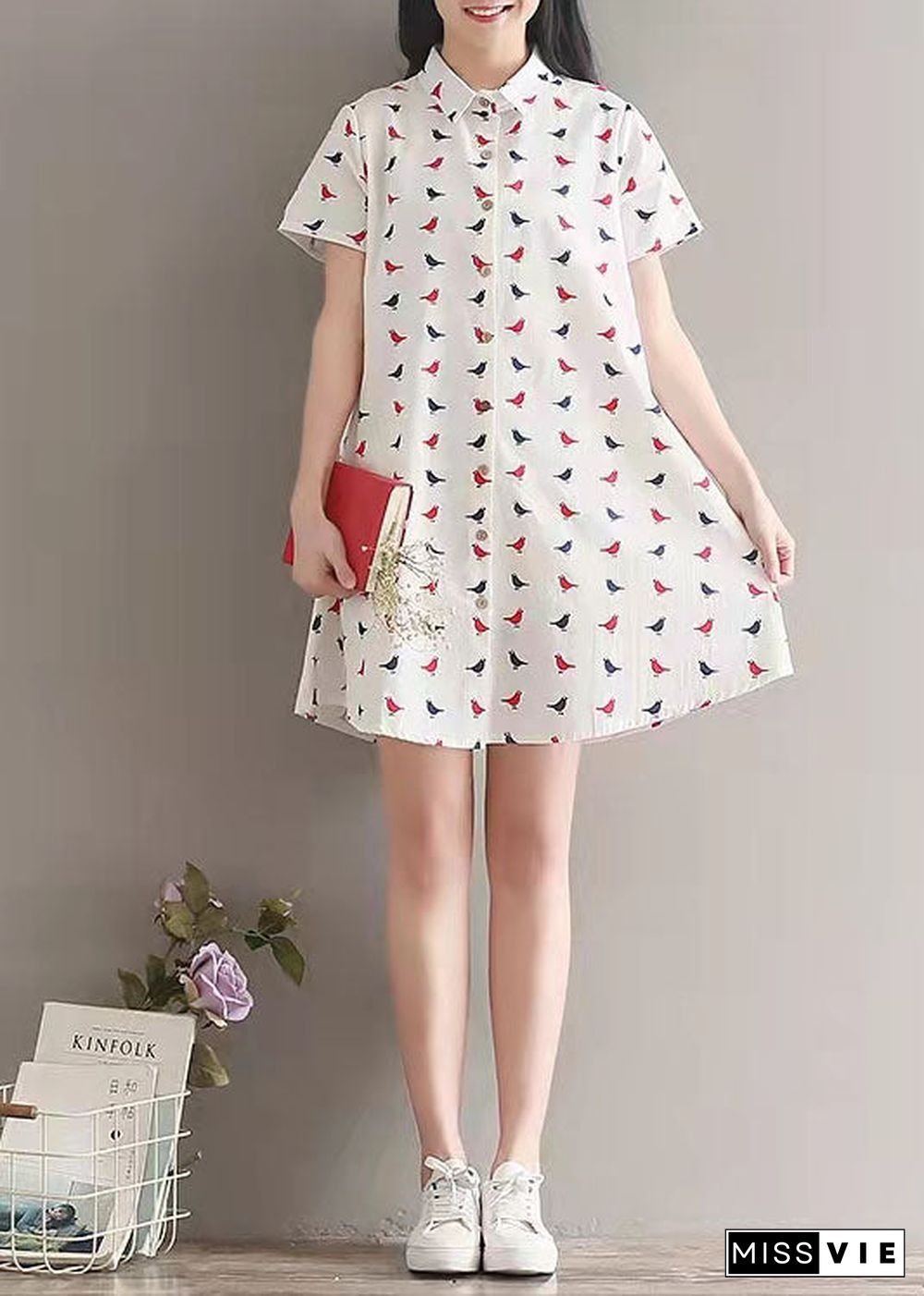 women prints linen dress casual lapel collar linen gown fine shirt dress