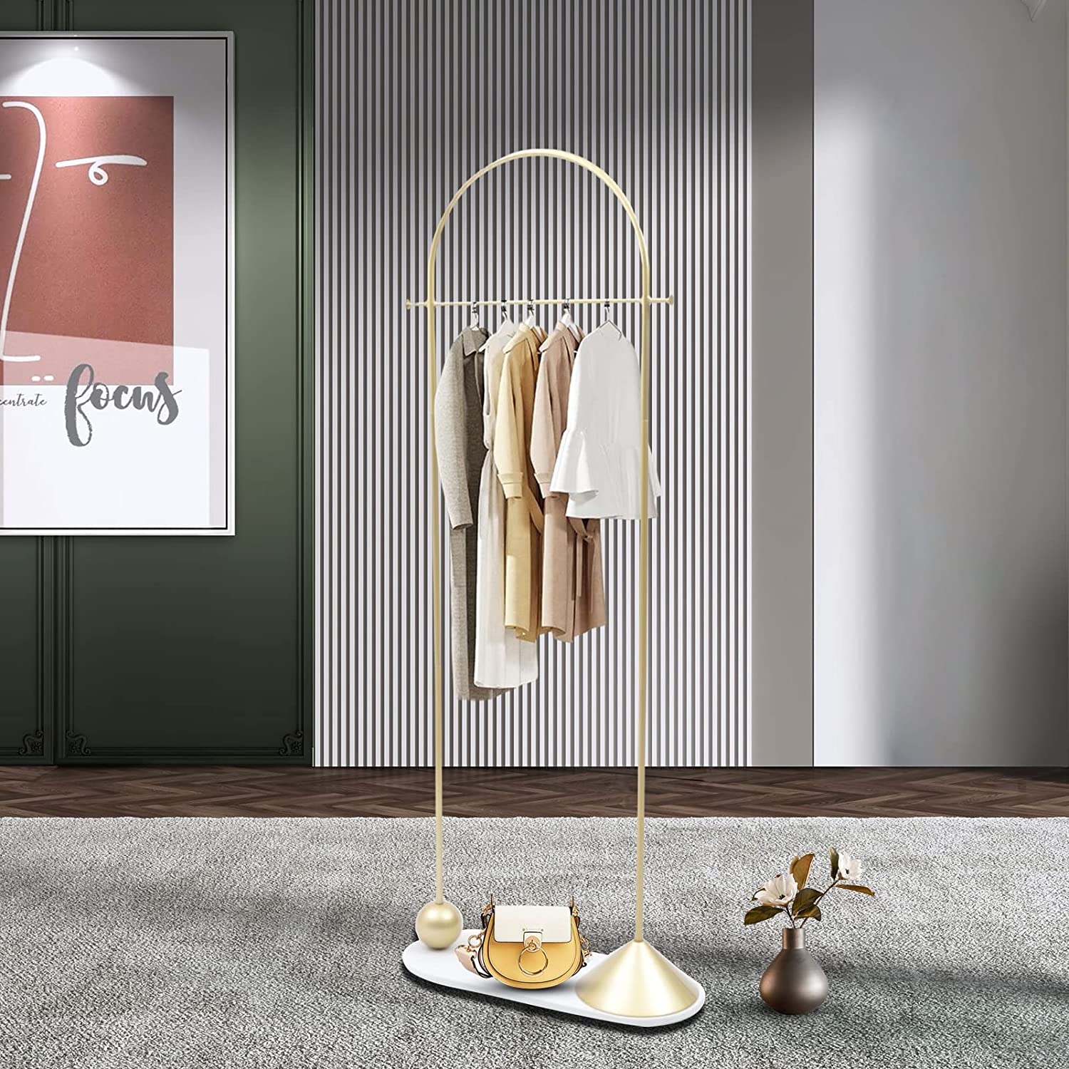 MONIPA 2 Rounded Hooks and U-shaped Marble Base Coat Rack Freestanding Gold Heavy Duty Garment Rack with Hanging Rod