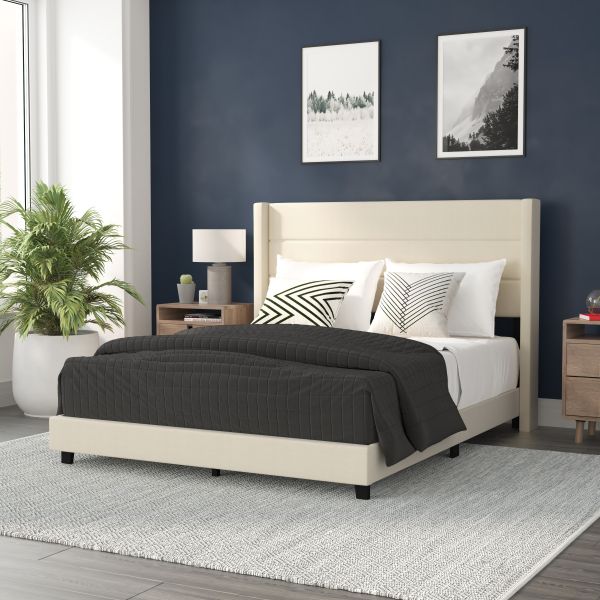 Hollis Queen Upholstered Platform Bed with Wingback Headboard， Mattress Foundation with Slatted Supports， No Box Spring Needed， Beige Faux Linen