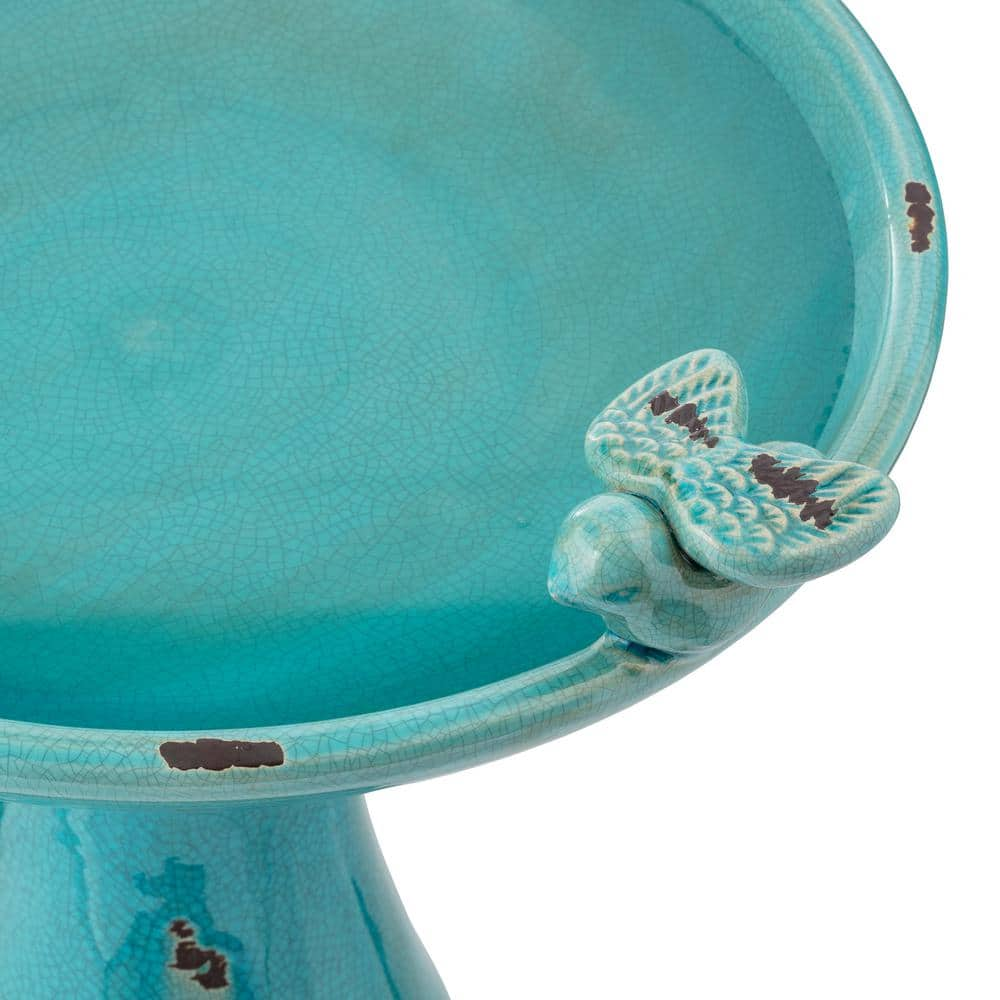 Alpine Corporation 24 in. Tall Outdoor Ceramic Antique Pedestal Birdbath with 2 Bird Figurines， Turquoise TLR102TUR