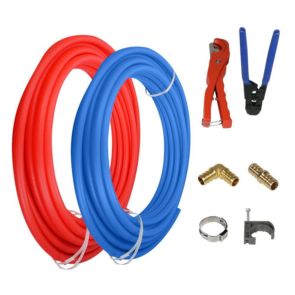 The Plumber's Choice 12 in. x 100 ft. PEX Tubing Plumbing Kit - Crimper and Cutter Tools Tubing Elbow in. Half Clamp - 1 Red 1 Blue KPRB12100N