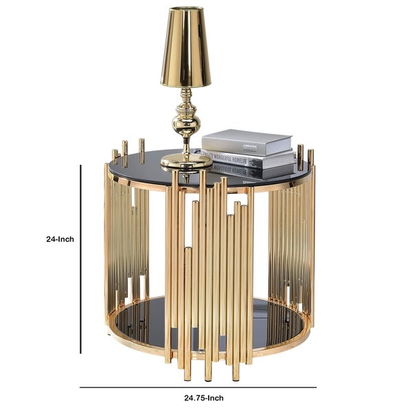 Modern Metal and Glass End Table with Tubing Design， Black and Gold