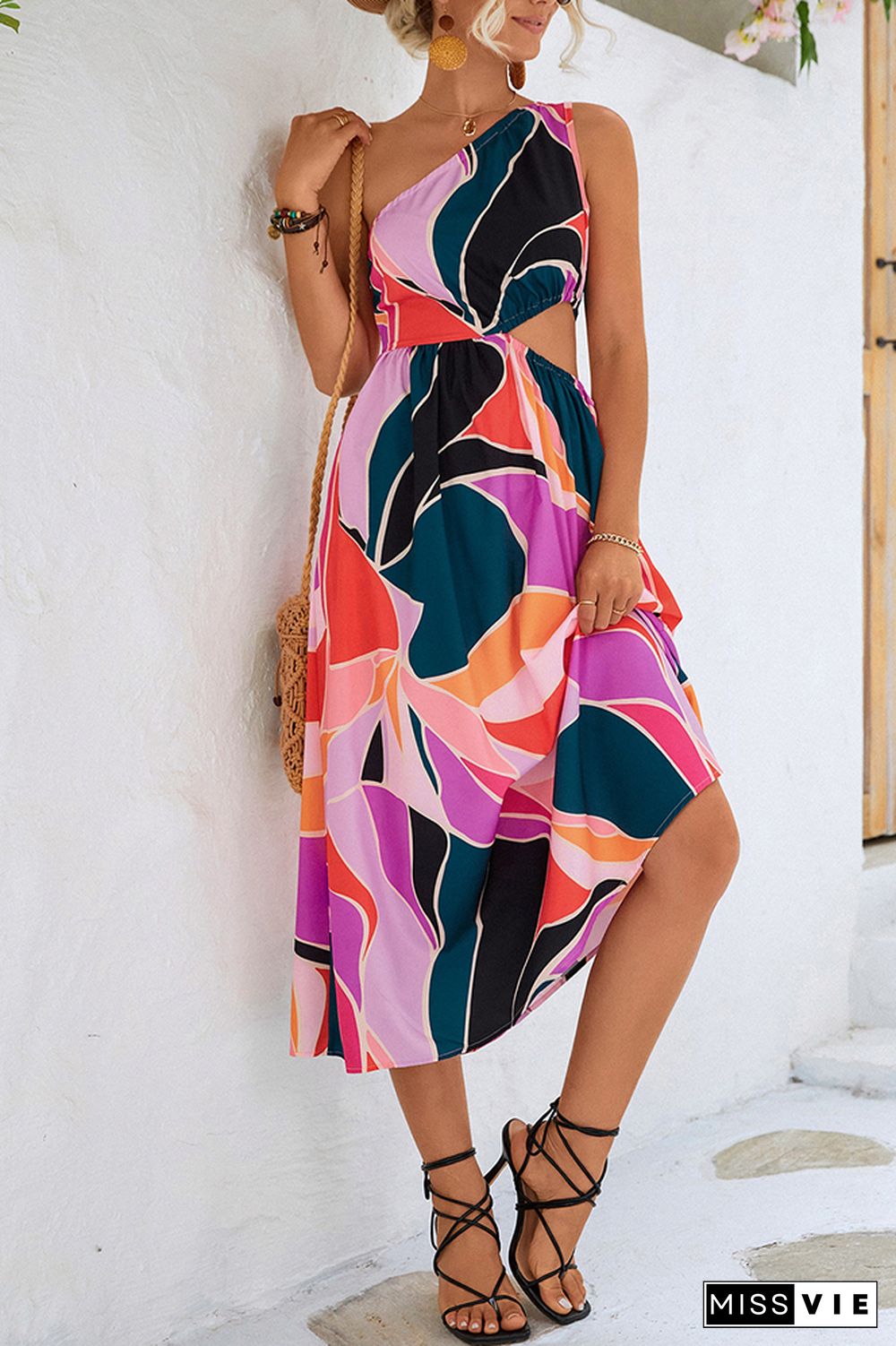 One Shoulder Cut Out Waist Floral Dress