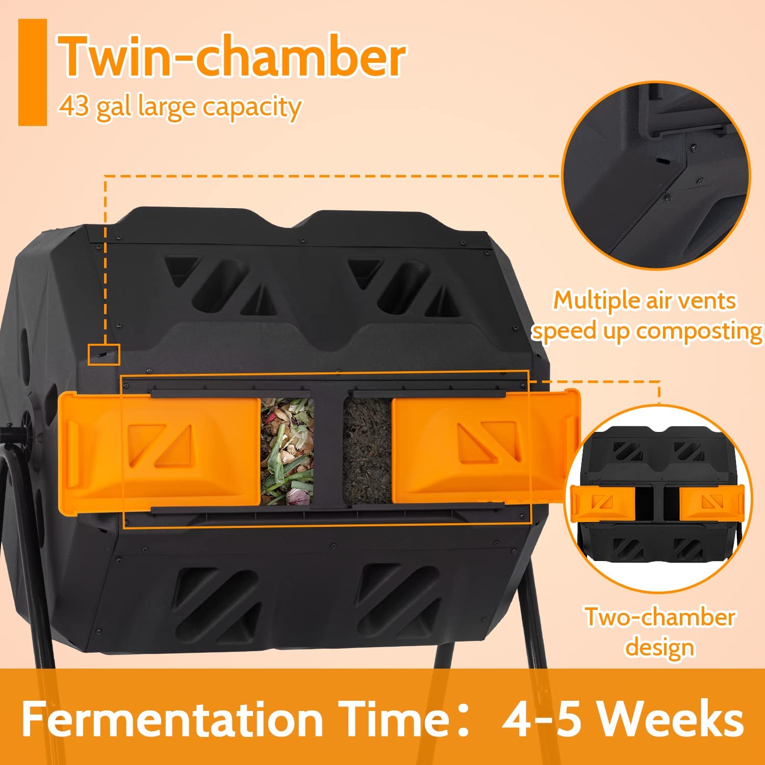 43 Gallon Compost Bin Outdoor Durable Tumbling Composting Bins w/ Dual Chamber Sliding Doors Compost Tumbler Large for Garden Patio Bucket Trash Can Orange Door