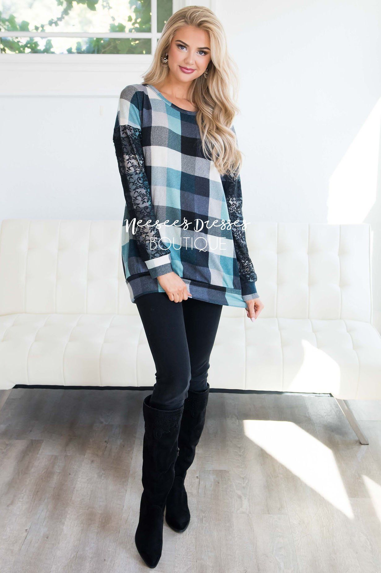 Aqua & Black Plaid Lace Sleeve Sweater