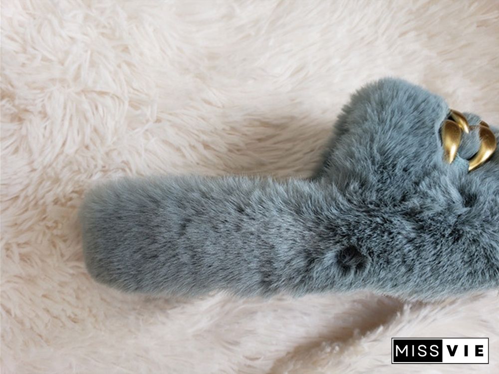 New Matte Gold Chain Decorate Female Fluffy Fur Slides Plush Warm Slippers Luxury Slippers Slip-On Thick Bottom Women