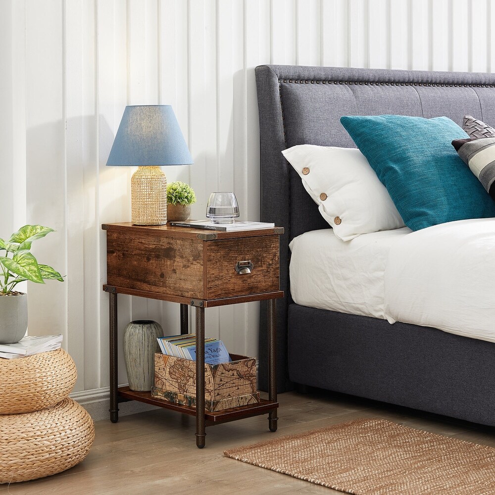 Modern Nightstands/Side Table with 1 Drawer and Open Shelf  Brown