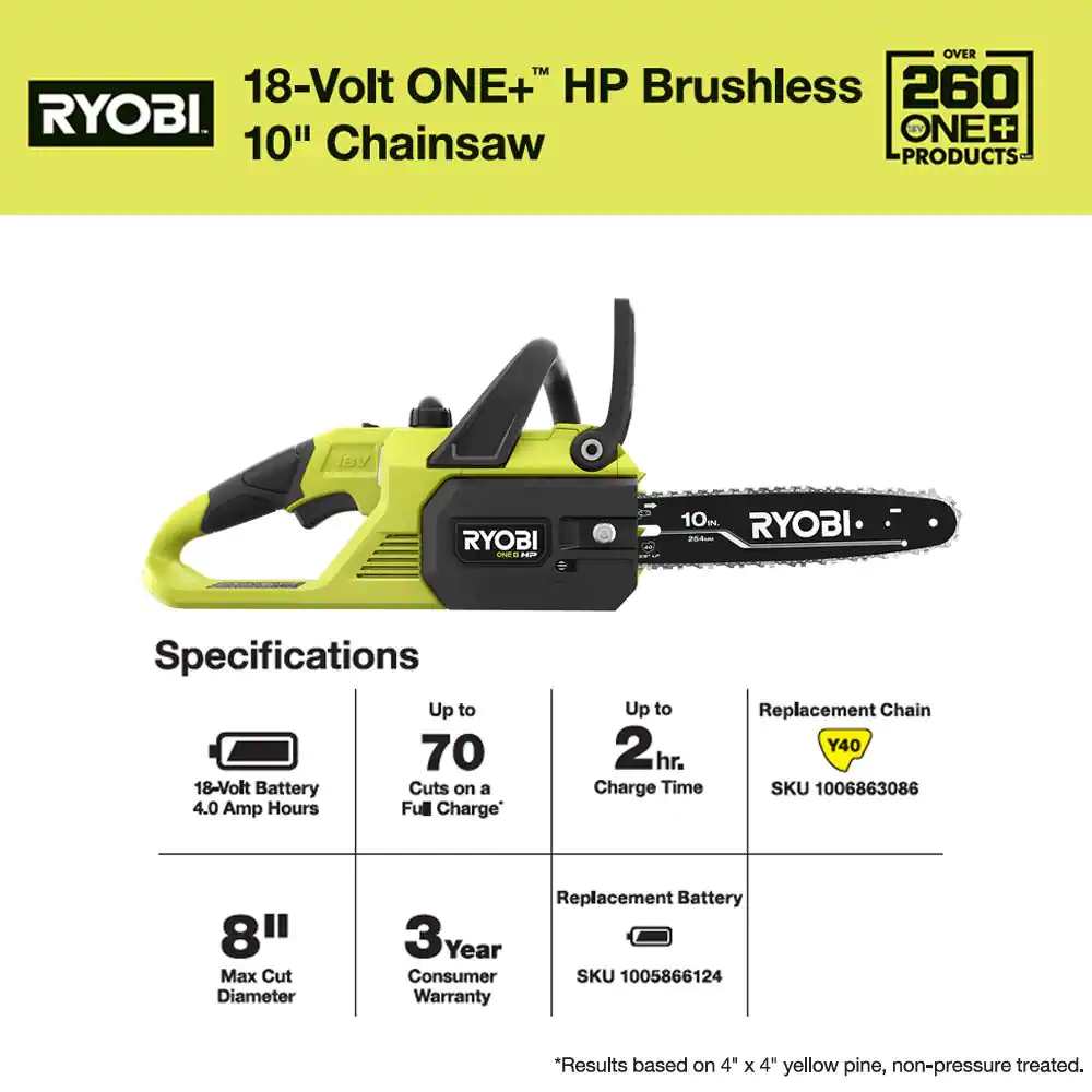 RYOBI P2520 ONE+ HP 18V Brushless 10 in. Cordless Battery Chainsaw， Battery and Charger