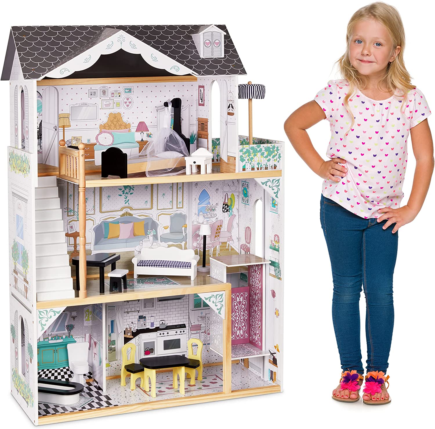 Lil' Jumbl Kids Wooden Dollhouse， with Elevator， Balcony and Stairs， Accessories and Furniture Included X-Large 3 Story Easy to Assemble Doll House Toy