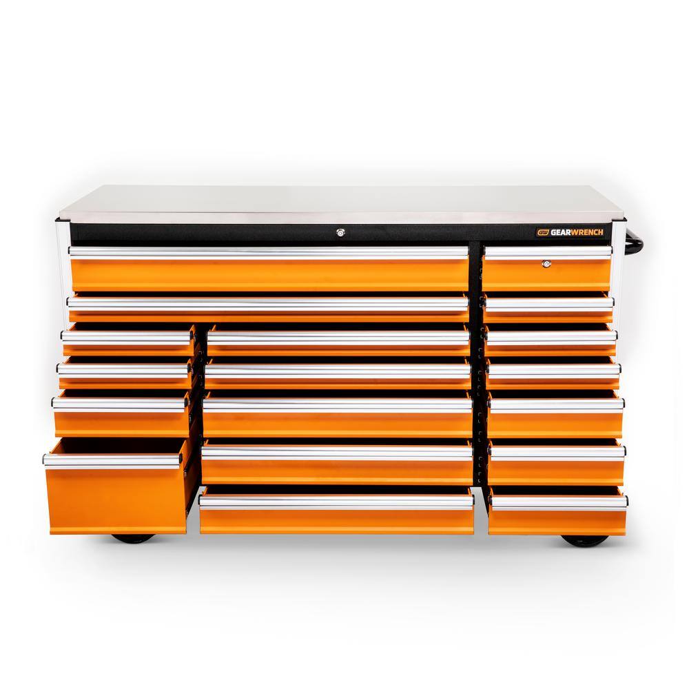 GEARWRENCH GSX 72 in. x 25 in. 18-Drawer Orange and Black Rolling Mobile Workbench Cabinet with Stainless Steel Worktop 83249