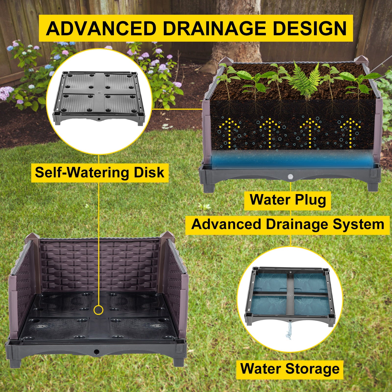 VEVORbrand Raised Plastic Garden Bed, 15×15×14in Square Garden Planter Boxes Flower Bed Box Kit, Set of 4 Raised Garden Bed for in/Outdoor