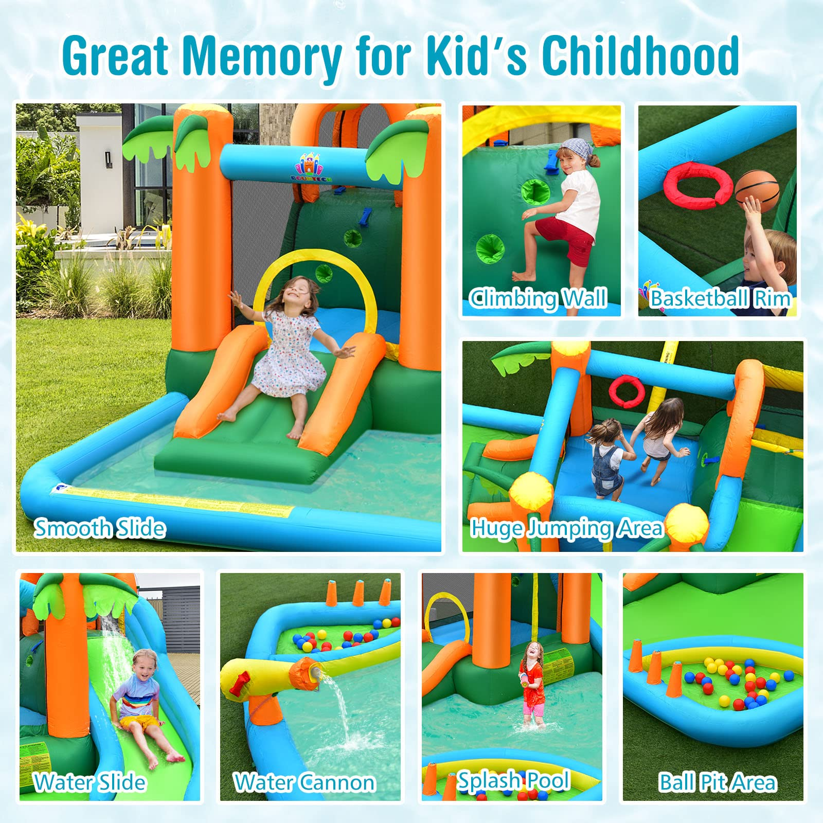 Inflatable Water Slide for Kids, 7 in 1 Kids Jumping Castle Bounce House w/Blower, Splash Pool