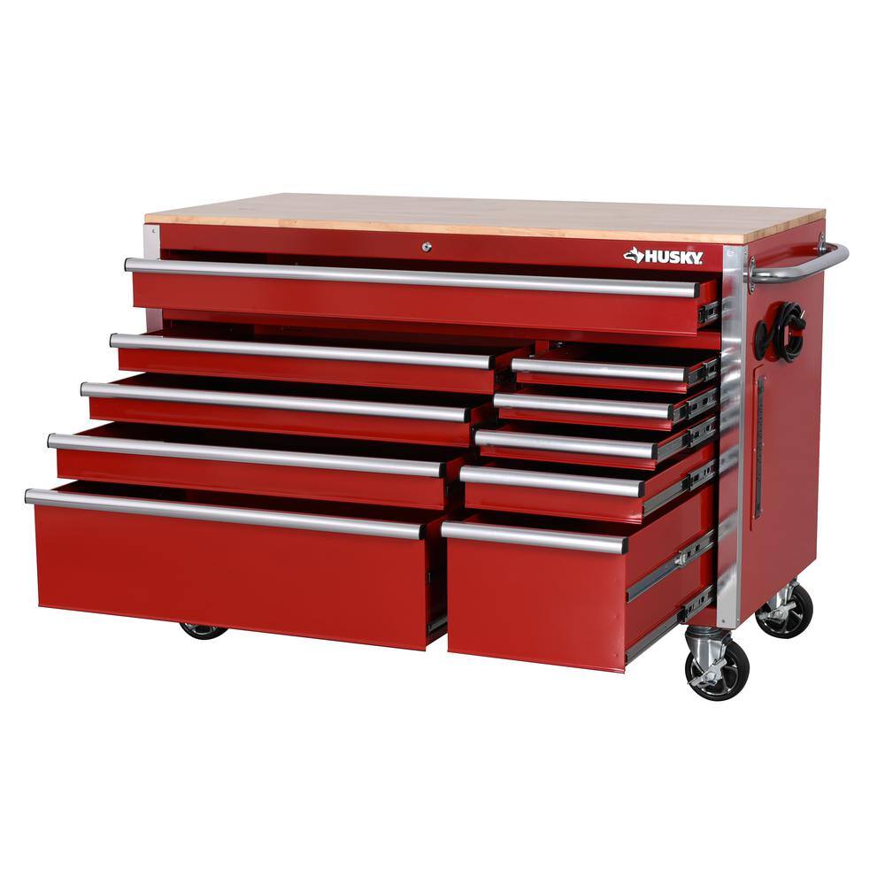 Husky 52 in. W x 24.5 in. D Standard Duty 10-Drawer Mobile Workbench Tool Chest with Solid Wood Top in Gloss Red H52MWC10RED