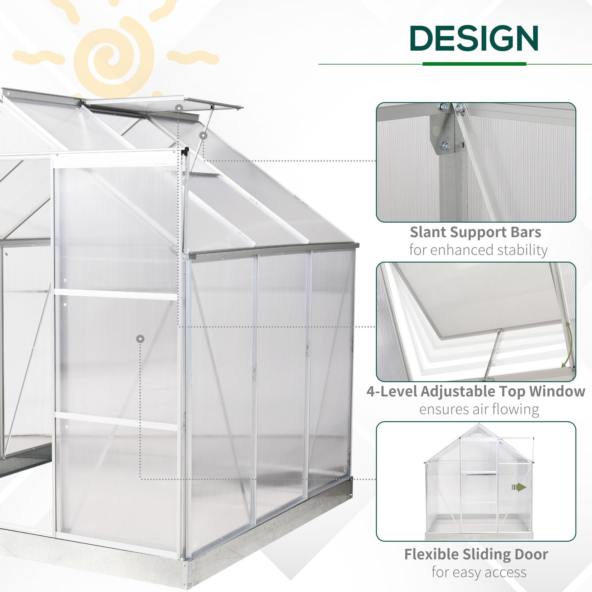 Outsunny 6' x 6' Polycarbonate Greenhouse with Aluminum Frame, Walk-in Garden Greenhouse Kit with Adjustable Roof Vent, Rain Gutter and Sliding Door for Winter, Silver